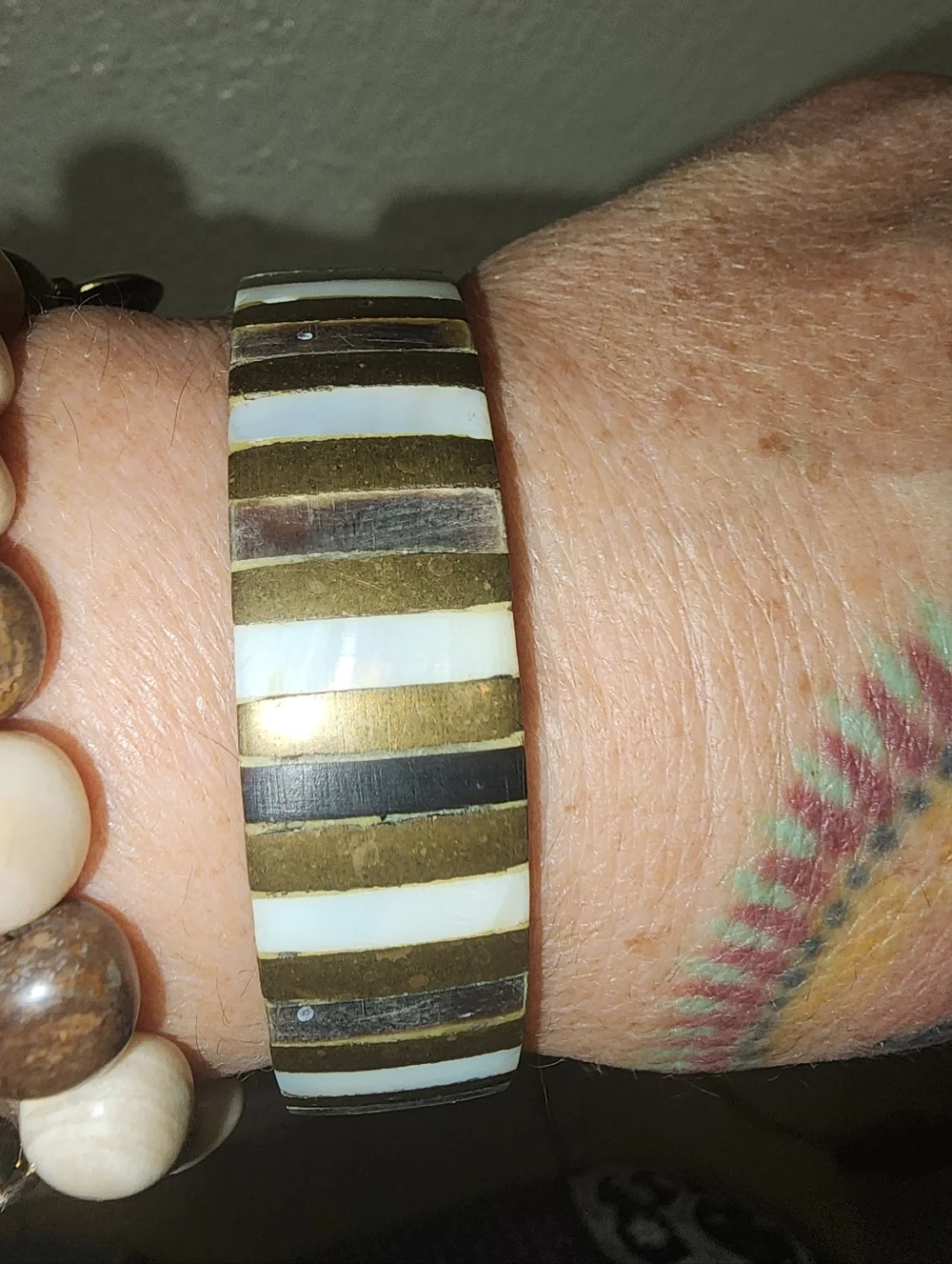Vintage Mother Of Pearl And Brass Bangle Bracelet